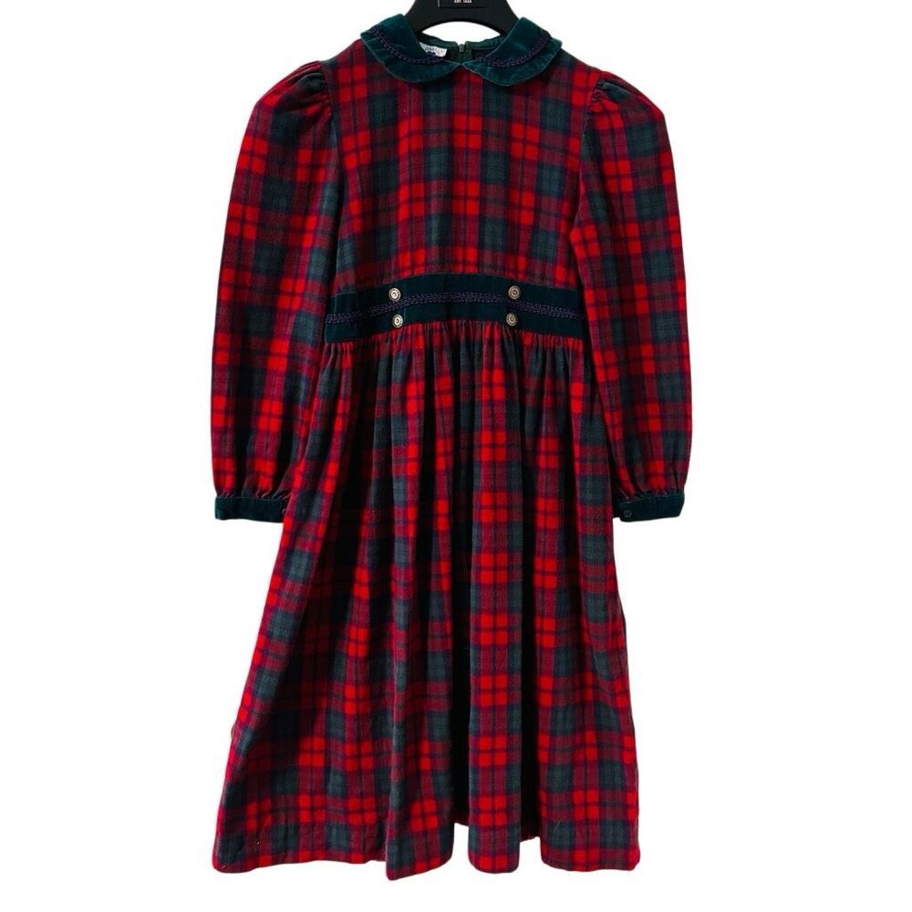 VTG Hartstrings Girls Plaid Holiday Dress Velvet Trim Christmas estimated size 6